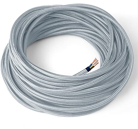 Amarcords - Cavo elettrico tessile colore ARGENTO, tondo, seta, 3 metri, con messa a terra 3x0,75mm - Filo rivestito in tessuto colorato vintage per lampade lampadari applique e abat jour.