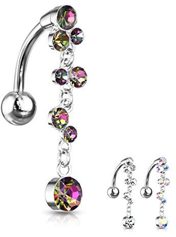 Treuheld® | Bauchnabelpiercing-Spange mit Kristall-Kette | 3 Farben [03.] - Regenbogen