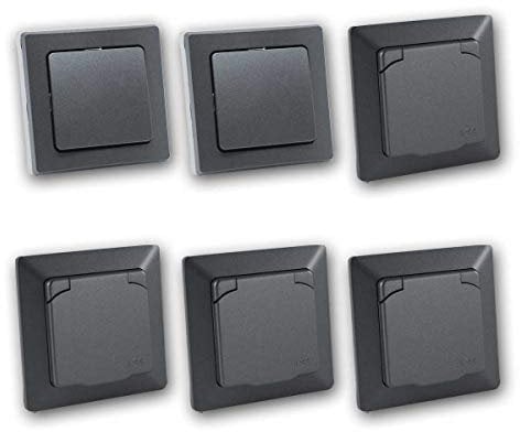 Schalter + Steckdosen Set Feuchtraum L, anthrazit, 6-teilig, IP44, Schalterserie Milos, Unterputz