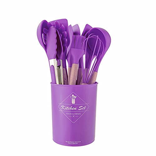 Utensili Cucina in Silicone Set, 11pcs strumento cucina resistente al calore set per pentole antiaderenti, set di gadget da cucina, maniglie in legno utensili da cucina-Viola