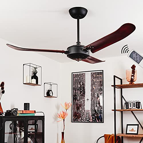 HOFSTEIN Deckenventilator Virrik, moderner Ventilator aus Metall/Holz in Schwarz/Braun, steuerbar über beiliegende Fernbedienung