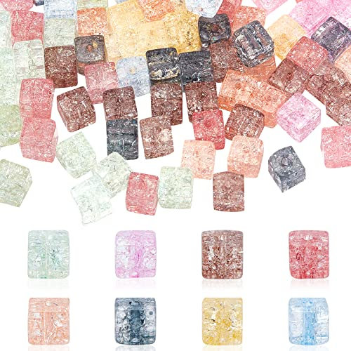 PandaHall 8 Colours Square Crackle Glasperlen, 160 Stück Würfel Kristallperlen 6mm Facettierte Knisterperlen Lose Abstandshalter Für Halskette, Freundschaftsarmband, Ohrring-Schmuck