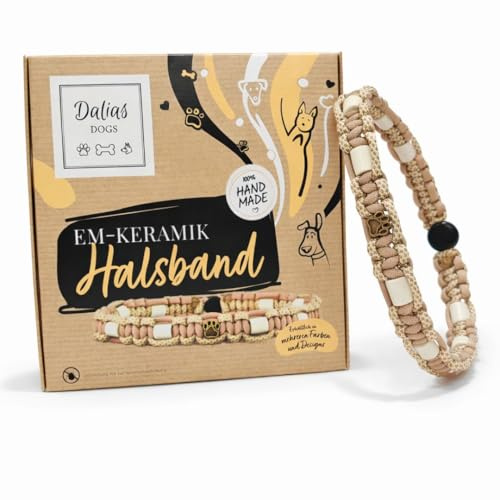 Dalias Dogs EM Keramik Hunde-Halsband aus US-Paracord – handgeknüpft, verstellbar mit Kordelstopper – Größen 15–60 cm (Beige, 21-30 cm)
