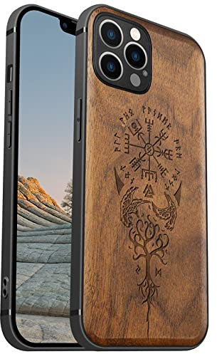 Carveit Magnetic Wood Case for iPhone 12 Pro Max [Hard Real Wood & Soft TPU] Shockproof Hybrid Protective Cover Unique & Classy Wooden Case Compatible with MagSafe (Viking Compass Vegvisir-Walnut)