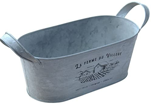 Rammento 31.5cm Long Zinc Trough Planter with Handles, Silver | Rustic Decorative Oval for Balcony, Patio | Weather-Resistant Outdoor Metal Herb Container, Indoor House Plant Pot