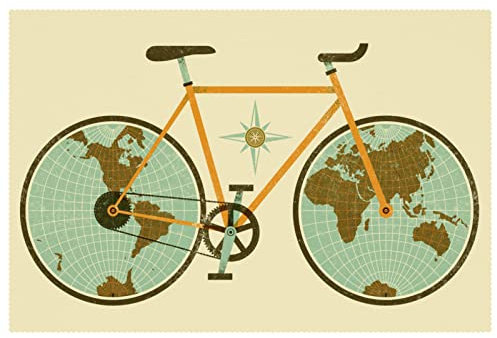 Lustige Retro Weltkarte mit Fahrrad Platzsets 1er Set für Esstisch waschbar rutschfest Platzset für Weihnachten Urlaub Geburtstag Party Tisch