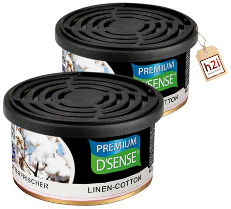 h2i Premium Duftdose | linen cotten | 2 Stück | Auto Lufterfrischer und Duftspender für Camping, Büro & Zuhause | 60 Tage frischer Duft mit Mengenregulierung | passt in Getränkehalter | h2i Sticker
