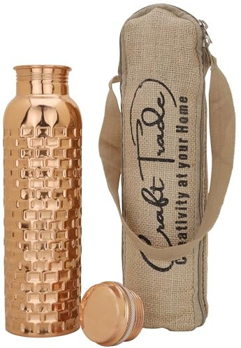 Craft Trade Diamond Pure Copper Bottle with Lid and Carry Bag for Drinking Water BPA Free Leak Proof Boosts Immunity, Supports Digestive & Liver Health, Ayurveda Inspired 34oz - 1 Litre Natural