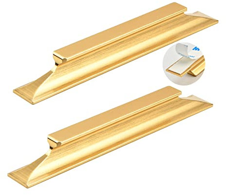 2pcs Wardrobe Door Handles self-Adhesive Sliding Gate Pulls Brushed Gold Cabinet Knobs Aluminium Alloy Grab Bar Levers for Kitchen Furniture Cabinet Closet Door Knobs (Length 120mm)