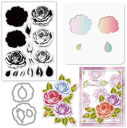 GLOBLELAND 3 Stück Valentinstag geschichtete Rosen Thema Silikon Klare Briefmarken Metall Stanzformen PET Handwerk Schablonen Vorlage für Kartenherstellung und DIY Prägung Scrapbooking Handwerk
