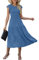 GRECERELLE Womens Summer Maxi Dress - Casual Midi Smocked Ruffle Sleeve Elastic Waist Crew Neck Tiered Cocktail Long Dresses for Ladies (Blue, L)