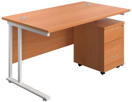 Office Hippo Heavy Duty Rectangular Cantilever Office Desk, Home Office Desk With 3 Drawer Lockable Mobile Pedestal Cabinet, File Cabinet, 5 Yr Wty, White Frame, Beech, 140 x 80 cm