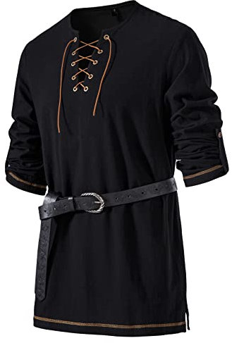 LucMatton Klassisches Herrenhemd mit Schnürung, Baumwolle, mittelalterliches Vintage-Kostüm, S