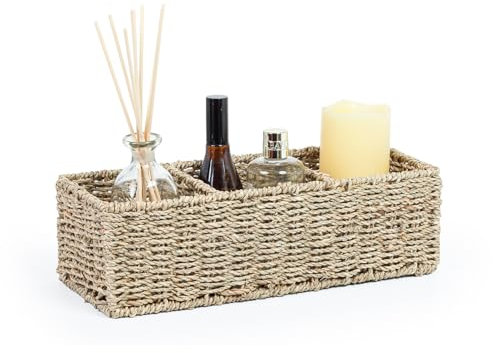 Woodluv Multipurpose 3-compartment Woven Seagrass Storage Rectangular Organiser Basket Box Shelves & Desks Decorative Tidy Basket for Sundries Stationery Toys Cosmetics, Natural Seagrass Color