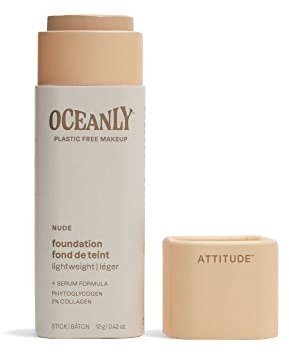 ATTITUDE Oceanly Plastic-Free Light Coverage Foundation Stick, Titanium Dioxide-Free, EWG Verified, Vegan Makeup, Nude, 12 grams