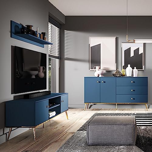 Lomadox Wohnwand Wohnzimmermöbel dunkelblau 3-teilig Modern, 1 Sideboard, 1 Lowboard, 1 Wandboard