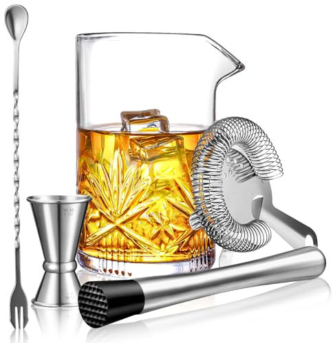 Cocktail Mixing Glass, veecom 5 Piece Mixing Glasses Set Cocktail Kit, Old Fashioned Bartender Kit, 550ml Bar Mixer for Martini, Mojito, Stirring Glass with Strainer, Muddler, Spoon, Jigger