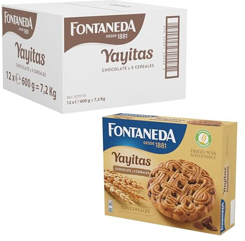 Fontaneda Yayitas Galletas de 5 Cereales con Pepitas de Chocolate, Fuente de Fibra, 12 Cajas de 600 g