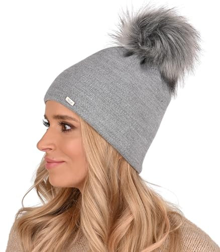 Alur Mütze Damen Beanie Wintermütze Strickmütze mit Bommel - Warme Elastisch Elegant Winter Mütze EKO Bommelmütze - Weiches Garn Stilvoll Universell Warm (Grau)