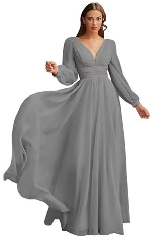 HYEC7 Long Sleeve Chiffon Bridesmaid Dresses Empire Waist V-Neck Formal Dresses A-Line Pleated Evening Gowns with Pockets Grey