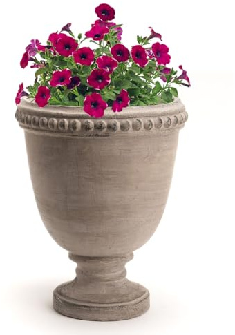Concrete Urn Planter Vintage Style Footed Flower Pot Indoor/Outdoor French Country Style Garden Planter with Beaded Edge Design Traditional Patio Decking Decor Fathers Day Garden Gift