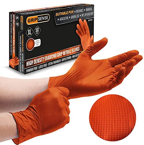GripSense Nitrile Gloves (10 Packs of 50) - High Density Diamond Grip Orange Gloves - Latex & Powder Free Orange Nitrile Gloves X Large - Mechanic Gloves Extra Thick & Super Strong - Max Dexterity L5