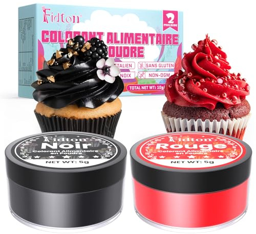 Colorant Alimentaire Poudre - Fidton 2 Couleurs Colorants Alimentaires Hydrosoluble Ultra Haute Concentration pour Glaçage, Gâteaux, Macarons, Pâtisserie, Colorant Alimentaire Rouge et Noir - 5g