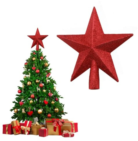 BUKCYUE Weihnachtsbaumspitze, Christbaumspitze in Stern-Form, Christbaum-Schmuck aus Kunststoff, Glitter Baum Stern, Baumspitze für Urlaub Ornament oder Home Decor, 20cm (Rot)
