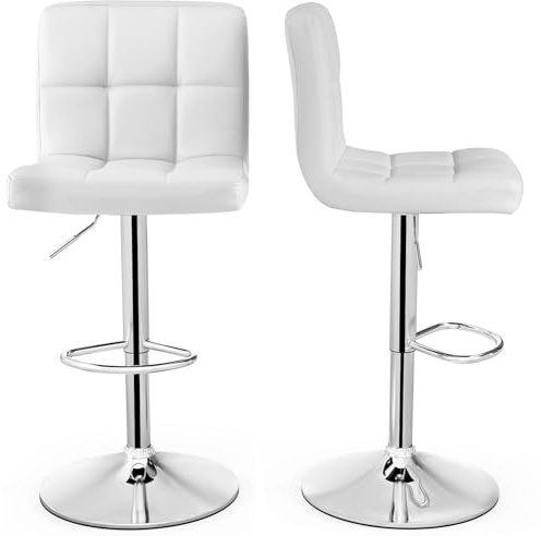 COSTWAY Tabouret de Bar, Chaise Bar Pivotante, Hauteur Réglable 65-85 cm, Chaise Bar Cuisine en Cuir PU, Repose-Pieds, Cadre en Métal Galvanisé, Siège Rembouré avec Dossier (Blanc,2)