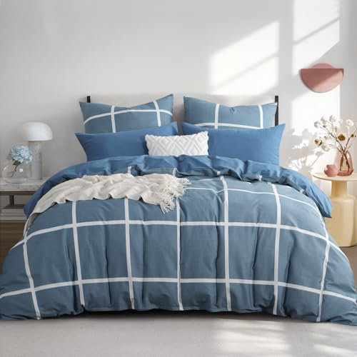 RUIKASI Bettwäsche 200x200 Baumwolle 3 teilig Denimblau - Baumwollbettwäsche 200 x 200 mit Karo Blau, Bettbezug Set Cotton mit Reißverschluss