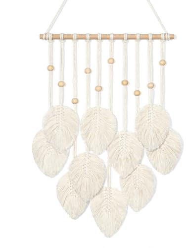 UXORSN Tapisserie murale en macramé à motif de feuilles beiges et pompons, décoration murale bohème chic faite à la main en corde de coton tissée à la main, décoration murale bohème pour chambre à