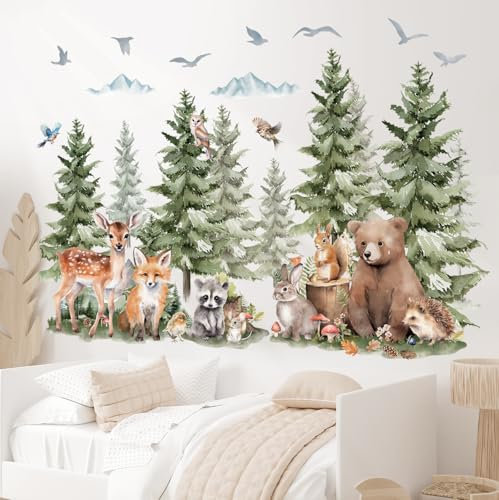 DECOWALL SG4-2422 Wandtattoos mit Kiefern und Waldtieren Berg Wald Wald Tier Hirsch Fuchs Wand Aufkleber Kinder gemütliche Zimmer Kinderzimmer Schlafzimmer Spielzimmer Dekor