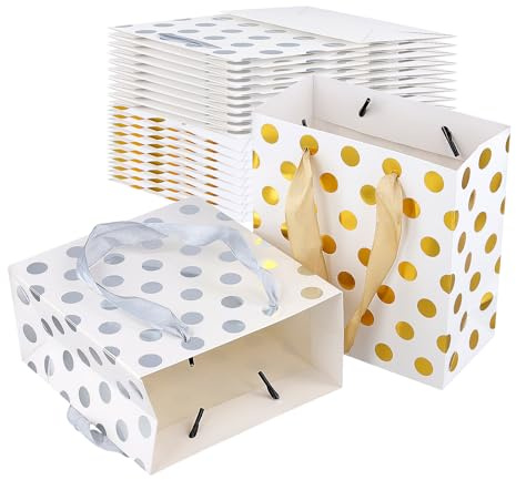 20 Stück Geschenktüten Klein Mit Henkel, 15 X 14 X 7 cm | KEILEOHO Papierbeutel, Gold Und Silber Punkte, Mitgebsel Für Geburtstag, Hochzeit, Party