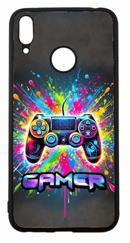 FunKaz Coque pour Huawei Y7 2019 / Y7 Prime 2019 - Gamer Manette de Jeu Fond Multicolore - Coque Noire TPU