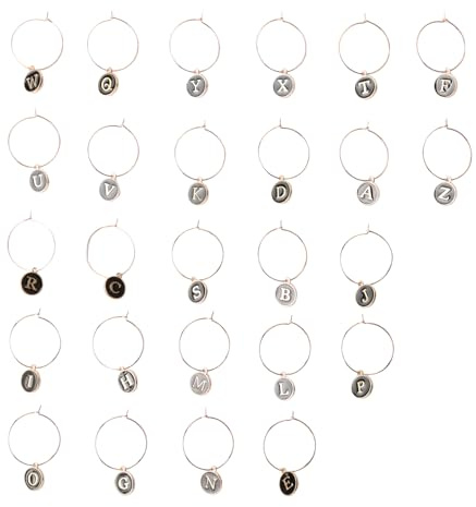 Bojueshaw 26pcs Alphabet Wine Charm Set,Letter Drink Markers,Alloy Pendants,Glass Charm Rings for Party Favors Family Gathering(Black)