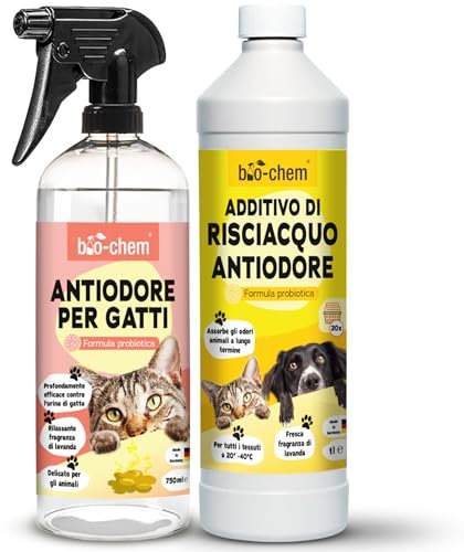 bio-chem Geruchsentferner Set | Katzengeruchsentferner Spray 750 ml + Wäschespülung 1L | Mikrobiologisch & effektiv | Gegen Tiergeruch auf Textilien & Oberflächen