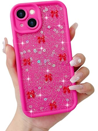 Micoden Cute Bow Case for iPhone 14,3D Bowknot with Glitter Star Pattern Sparkly Bling Back Cover,Slim Soft TPU Shockproof Protective Aesthetic Design Phone Case for Girls Women-Hotpink