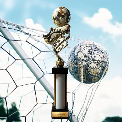 EBERiX POKALE – Fußball Pokal 30cm mit Gravur, Trophäe & Award – Weißer Glanzsäule – Siegerpokal für Fußballturnier, Vereinsmeisterschaft & Jugendfußball – personalisierbar