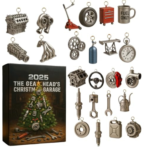 Mechanischer Adventskalender – 24 Acrylaufhänger für Autoliebhaber | Enthält Werkzeuge und Komponenten für Auto | thematische Weihnachtsdekoration | Geschenk für Ehemann oder Erwachsene