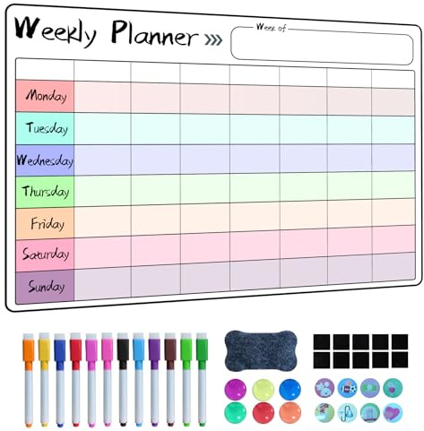 Prelisee Whiteboard Weekly Planner Magnetic for Fridge & Smooth Wall, Dry Wipe A3 Whiteboard Fridge Can Be Used As Meal Planner, to Do List,Family Planner,with 12 Markers, Eraser,14 Fridge Magnets