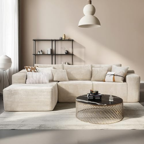 Aivermeil Modulares L Form Ecksofa mit Schlaffunktion 282cm Beige | Boneless Couch,Ecksofa mit Schlaffunktion,Cordstoff,3 Rückenlehnen,4 Kissen,Keine Montage,Wohnzimmer,Schlafzimmer