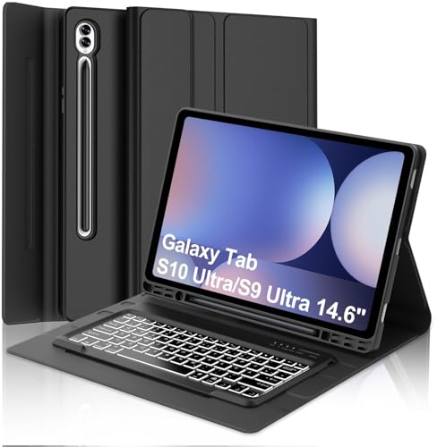 WAVATA Tastatur für Samsung Tab S10 Ultra 2024/S9 Ultra/S8 Ultra 14.6 mit Beleuchtete, Hülle mit Tastatur für Galaxy Tab S9 Ultra Magnetische Abnehmbar QWERTZ Layout, Schwarz