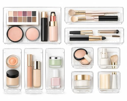 ultraexcel Drawer Organiser Set (10 Trays), Clear Makeup Organiser with Non-Slip Pads, cutlery drawer organiser, Drawer Dividers Tray, Desk Organiser for Makeup, Kitchen, Cutlery and home