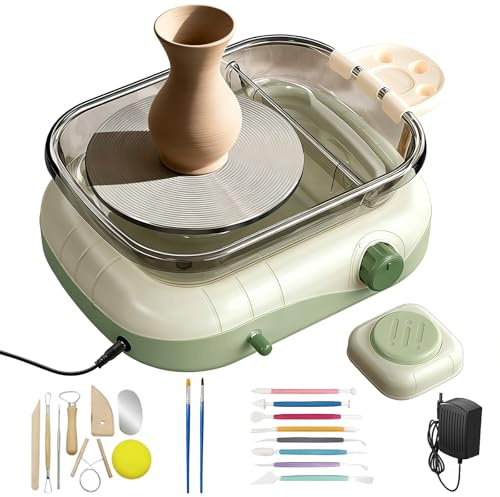Mini Tornio Elettrico per Ceramica – Rotazione Bidirezionale con Pedale, velocità Regolabile Continuamente, Piatto 17,5 cm, Kit Argilla DIY con 8 Strumenti per Principianti & Studio Casalingo