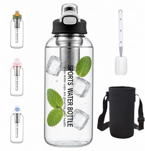 Gourde en verre de 1,5 l, réutilisable, avec infuseur à thé, en verre borosilicate transparent, anti-fuite, pour fitness, randonnée, camping, passe au lave-vaisselle (noir)
