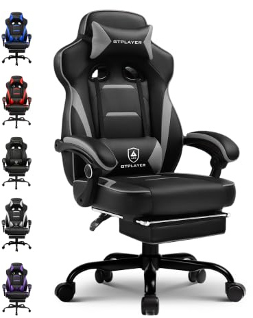 GTPLAYER Gaming Stuhl mit Fußstütze, Ergonomischer Bürostuhl 180kg, Schwerlast Gaming Sessel mit Lendenwirbelstütze und Kopfstütze, Höhenverstellbarer Computerstuhl, Gepolstert, neigbare 155°, Grau