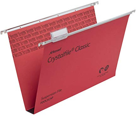 Rexel Foolscap Suspension Files with Tabs and Inserts for Filing Cabinets, 30 mm base, 100 Percent Recycled Manilla, Red, Crystalfile Classic, Pack of 50, 70622