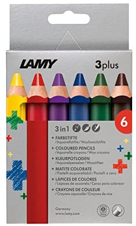 Lamy Farbstift 3plus Faltschachtel 6er Set - Farb-, Aquarell- & Wachsmalstift in einem - aus massivem Lindenholz mit ergonomischer Viereckform - Dicke Mine Ø 10 mm