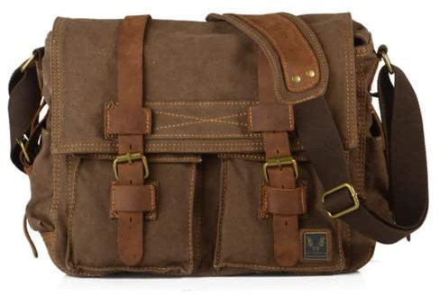 Eysee® Herren Canvas Schultertasche Umhängertasche 33cm (L) X 27cm(H) X 11cm(W) (Dunkel Braun)