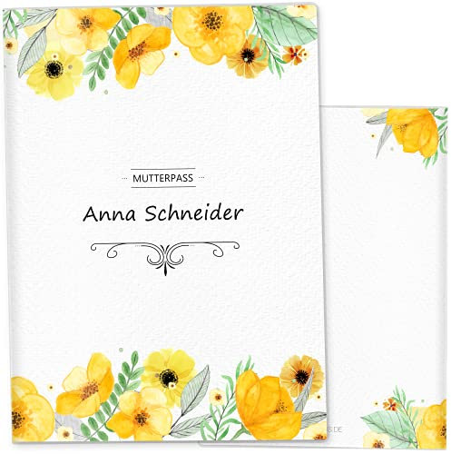 OLGS Personalisierte Mutterpasshülle Florentina Blumen Sunset, Kunststoffhülle mit Fach für Ultraschallbilder, Schwangerschaft